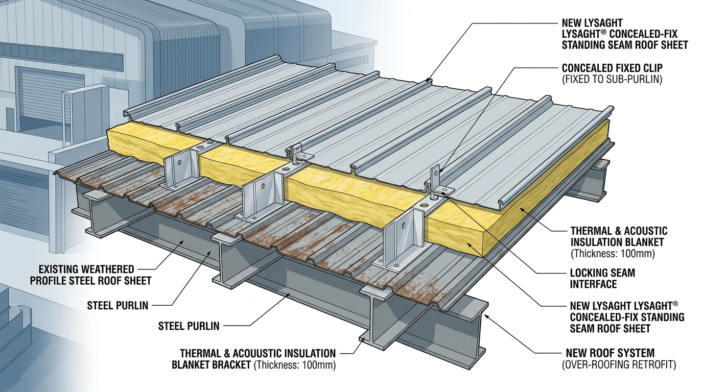 Bản vẽ 3D mặt cắt kỹ thuật cấu tạo hệ thống Over-Roofing 4 lớp của AVS Steel